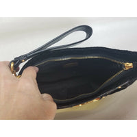 Adrianna Papell Black Velvet Fabric Clutch Bag Purse Handbag Leather Gold Buckle