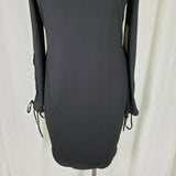 Vince Camuto Rich Black Ribbed Grommet Lace Up Sleeve Sheath Mini Dress Womens M