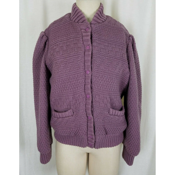 Vintage Outer Scene Faux Shearling Knit Snap Up Sweater Jacket Womens L Purple