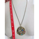 Colorful Jeweled Medallion Pendant Necklace Silver Filigree Statement Charm