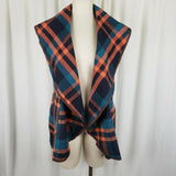 Vegan Wool Wide Collar Tartan Plaid Open Front Swing Vest Womens M Stretch Blue