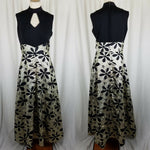 Vintage Black & Gold Metallic Maxi Floral ALine Keyhole Dress Womens S M Party