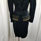 Jan Briggs Black Velvet Peplum Dress Gold Embellishments Womens 12 Vintage 80s