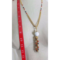 Vintage Faceted White Bead Beaded Tassel Pendant Necklace Gold Double Chain