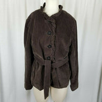 LL Bean Belted Tie Sash Ruffled Corduroy Blazer Jacket Womens 14 Chocolate Brown