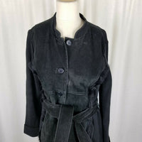 Black Suede Brushed Leather Fur Trim Knit Belted Sweater Coat Coatigan Womens L
