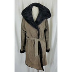 Vintage Suede Leather Deep Pile Faux Fur Lined Belted Hooded Wrap Coat Womens L