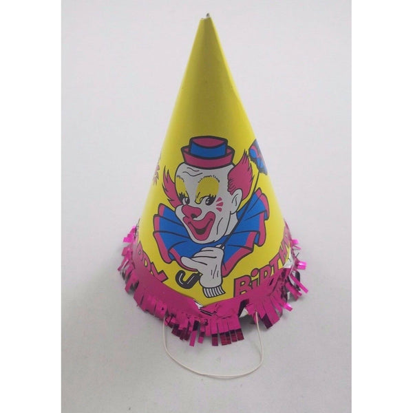 Vintage Circus Clown Happy Birthday Party Paper Cone Hat Yellow Bozo Pink Fringe