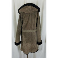 Vintage Suede Leather Deep Pile Faux Fur Lined Belted Hooded Wrap Coat Womens L