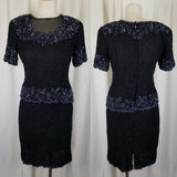 Vintage Stenay Petites Black Beaded Silk Dress Gatsby Illusion Mesh Womens 12P