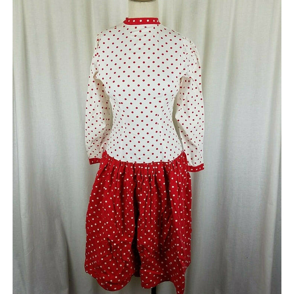 Vintage Handmade Red Polka Dots Dress Drop Waist Gathered Twirl Skirt Womens S