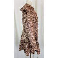 Due+2 Double Breasted Wide Lapel Ruffled Fit & Flare Cheetah Vegan Coat Womens S