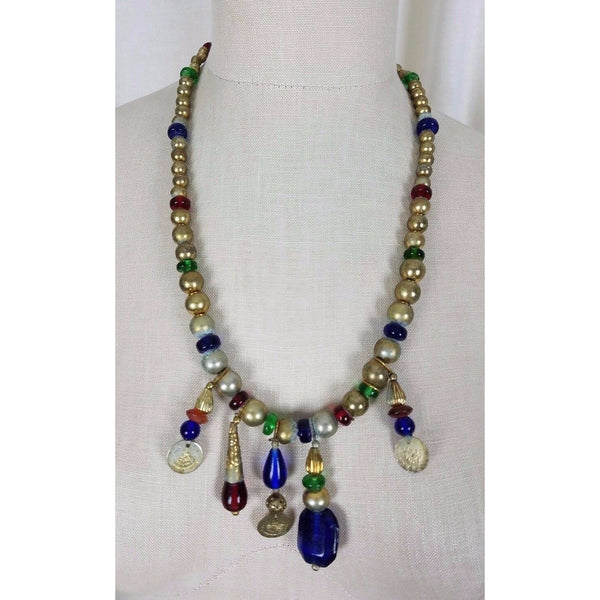 Single Strand Metal Glass Beads Pearls Gripoix Jewels Coins Gold BEADED NECKLACE