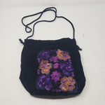 Vintage Black Velvet Embroidered Flowers Shoulder Bag Cinch Drawstring Purse