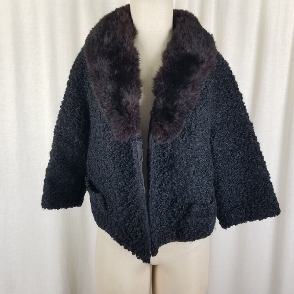 Vintage Winter Persian Nubby Wool Fur Muff Collar MCM Peacoat Jacket Womens M