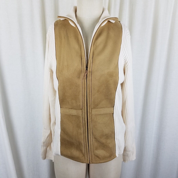 Liz Claiborne Angora Wool Faux Suede Bodice Sweater Jacket Shacket Womens L Tan