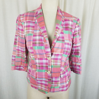 Lord & Taylor Patchwork Madras Plaid Jacket Blazer Womens 2 3/4 Sleeves Pink