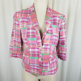 Lord & Taylor Patchwork Madras Plaid Jacket Blazer Womens 2 3/4 Sleeves Pink