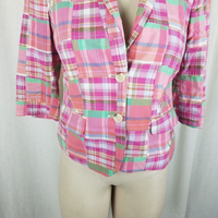 Lord & Taylor Patchwork Madras Plaid Jacket Blazer Womens 2 3/4 Sleeves Pink