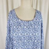 Chico's Ikat PrintScoop Neck Tunic Top Shirt Womens Sz 3 XL Lagenlook Blue White