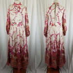 Vintage Mardi Gras New York Chiffon Metallic Maxi Floral Keyhole Dress Womens XS