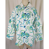 Keren Hart Blue Ribbon Floral White Denim Blue Jean Trucker Jacket Womens 1X