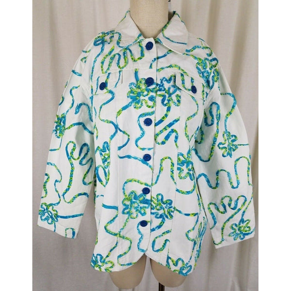 Keren Hart Blue Ribbon Floral White Denim Blue Jean Trucker Jacket Womens 1X