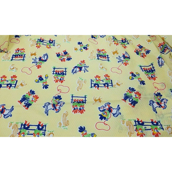 Vintage Fabric Cowboy Cowgirl Bucking Bronco Lasso Yellow 1970s Cactus Fencepost