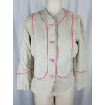 Sigrid Olsen Woven Tan Linen Cotton Pink Piped Button Up Jacket Blazer Womens 8