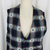 Vintage American Blue Southwestern Aztec Tribal Plaid Vest Mens M Waistcoat