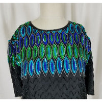 Stenay Heavily Beaded Sequined Formal Evening Top Blouse Shirt Womens L Peacock