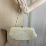 Vintage Beaded Pearl Purse Japan Ivory Handbag Metal Chain Wedding Formal Prom