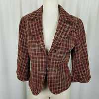 Coldwater Creek Woven Plaid Cropped 3/4 Sleeve Wool Blend Jacket Blazer Womens 6