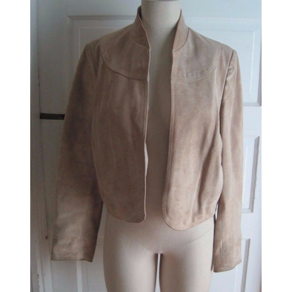 Filene's Cow Split Leather Cropped Open Front Stand Up Collar Jacket Womens sz L