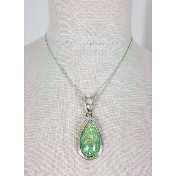 Faux Green Opal Pendant Necklace Confetti Silver Chain Statement Charm Resin
