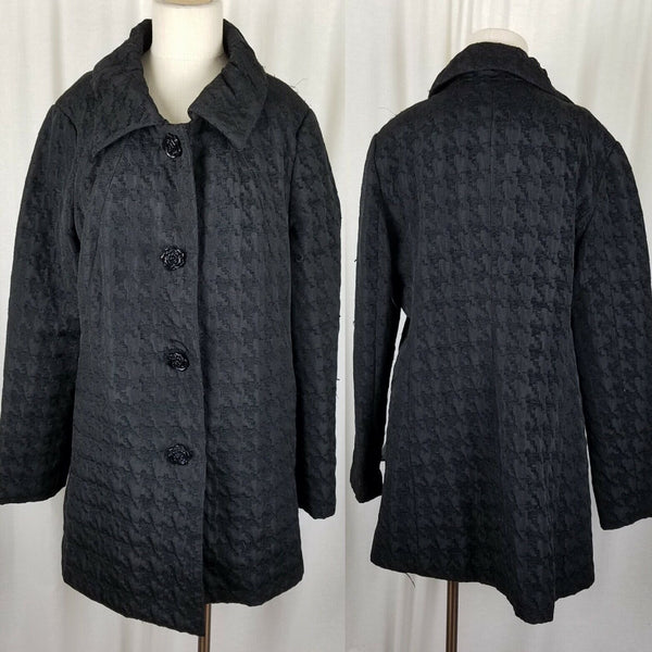 Laura Ashley Black Houndstooth Woven Short Button Up Peacoat Jacket Womens XL 3D