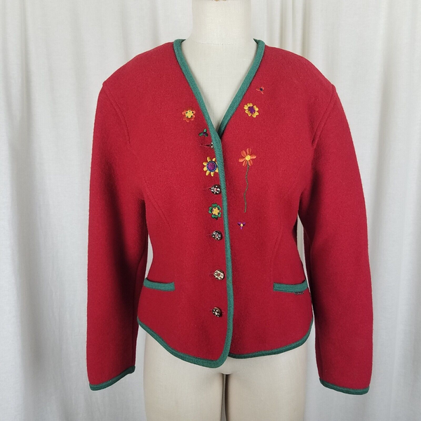 Geiger Austria Boiled Wool Embroidered Floral Jacket Blazer Womens 40 L 80s