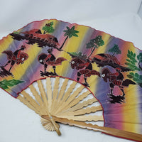 Vintage Bamboo Fabric Folding Fan Warriors on Horses Figural Scene w Landscape
