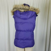 LL Bean Hooded Fur Trim Goose Down Nylon Quilted Puffer Vest Womens S Purple
