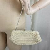 Vintage Beaded Pearl Purse Japan Ivory Handbag Metal Chain Wedding Formal Prom