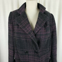 Paul Levy Purple Plaid Mohair Wool Midi Peacoat Womens M  L Vintage 80s Black