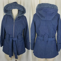 Vintage Hooded Deep Pile Fur Fleece Lined Blue Denim Jean Jacket Womens S XS 70s