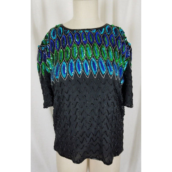 Stenay Heavily Beaded Sequined Formal Evening Top Blouse Shirt Womens L Peacock