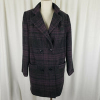 Paul Levy Purple Plaid Mohair Wool Midi Peacoat Womens M  L Vintage 80s Black