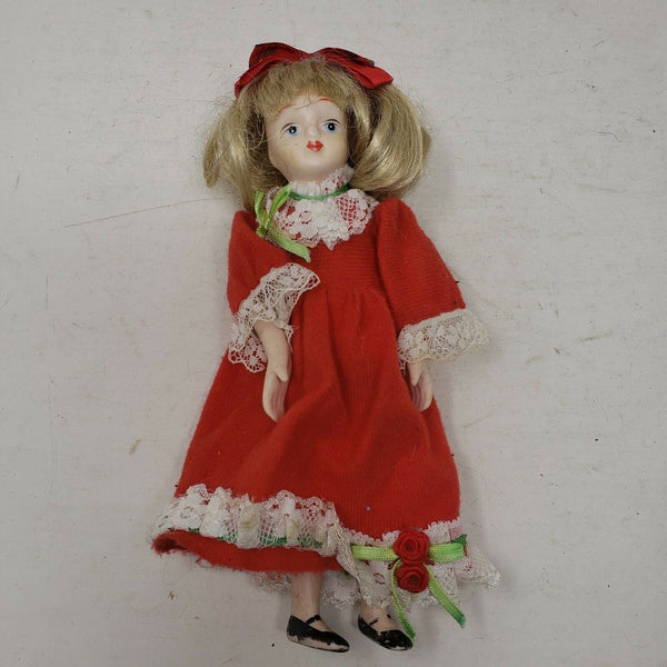 Vintage Mid Century Porcelain Doll 8 in Red Victorian Lace Trim Ball Gown Taiwan