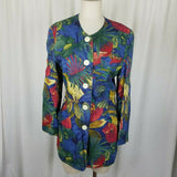 Bogner Linen Tropical Cockatoo Collarless Blazer Jacket Womens 8 Vintage 1980s