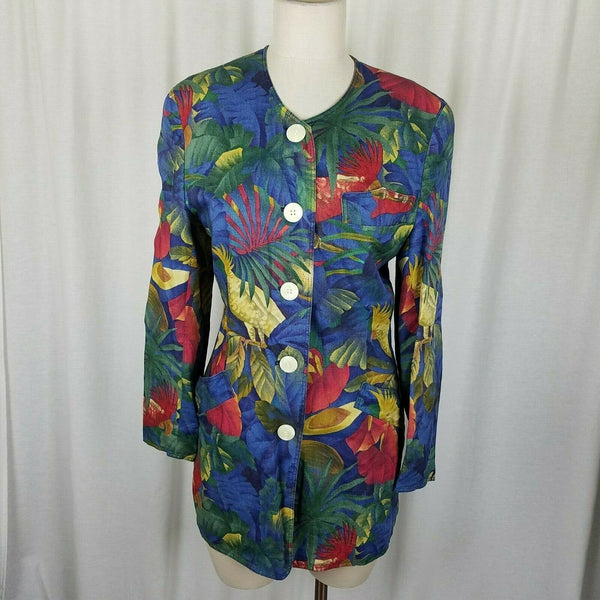 Bogner Linen Tropical Cockatoo Collarless Blazer Jacket Womens 8 Vintage 1980s