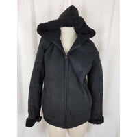 Esprit Vegan Sherpa Shearling Fur Faux Suede Hooded Parka Jacket Peacoat M