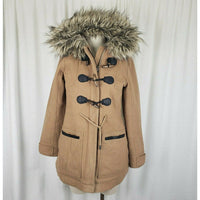 Abercrombie & Fitch Hooded Fur Trim Wool Toggle Peacoat Parka Womens S Camel Tan