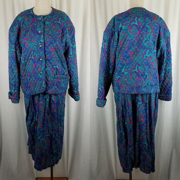 Vintage David Brooks Country Store Paisley Quilted Jacket Skirt Suit Womens 16